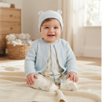 N14751: Baby Boys Waffle Fabric Jacket, All In One & Hat Outfit (0-9 Months)